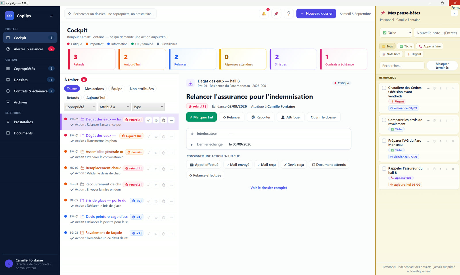 Copilys — Cockpit : tableau de bord des priorités, retards et échéances du jour